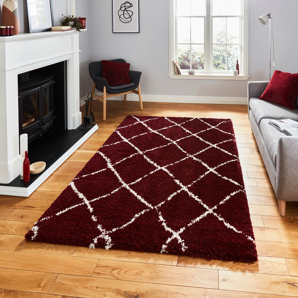 Scandi Berber G257 Shaggy Boho Rugs in Red Cream